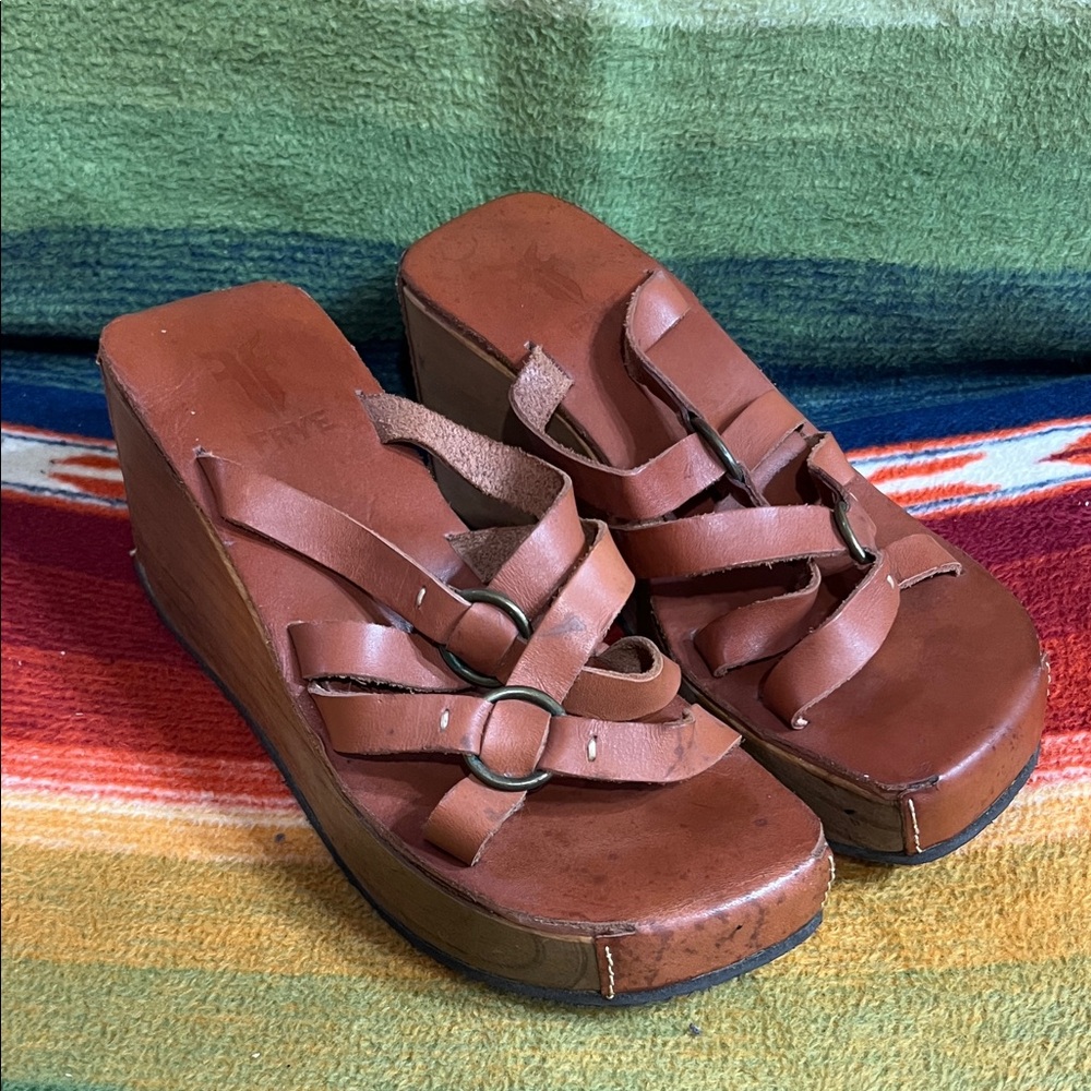 Frye Brown Leather Wedge Sandals